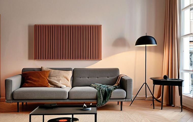 **A cozy living room in Sweden, featuring sound-absorbing panels designed as minimalist art. Gentle, ambient lighting enhances the calming atmosphere. Include subtle elements like a vintage record player and a collection of vinyl records, suggesting a curated soundscape.**