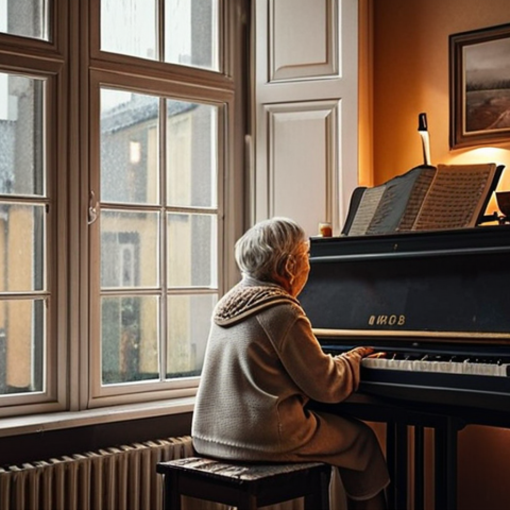 **

A cozy Stockholm apartment interior on a rainy Sunday.  Grandma is playing a melancholic piano piece.  Focus on the warm, nostalgic lighting and the sound of rain against the window panes.  A feeling of "hygge" and family connection.

**
