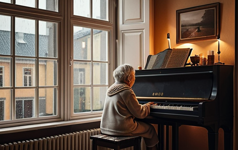 **

A cozy Stockholm apartment interior on a rainy Sunday.  Grandma is playing a melancholic piano piece.  Focus on the warm, nostalgic lighting and the sound of rain against the window panes.  A feeling of "hygge" and family connection.

**